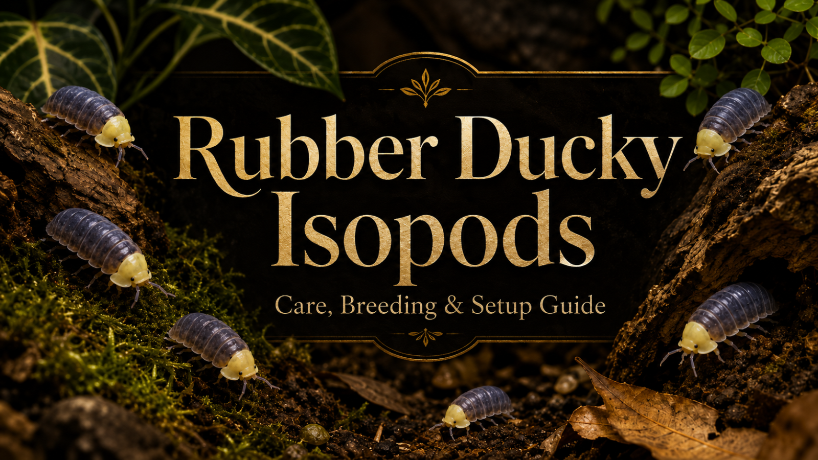 Rubber Ducky Isopods care, breeding & setup guide banner with isopods on moss and bark in terrarium