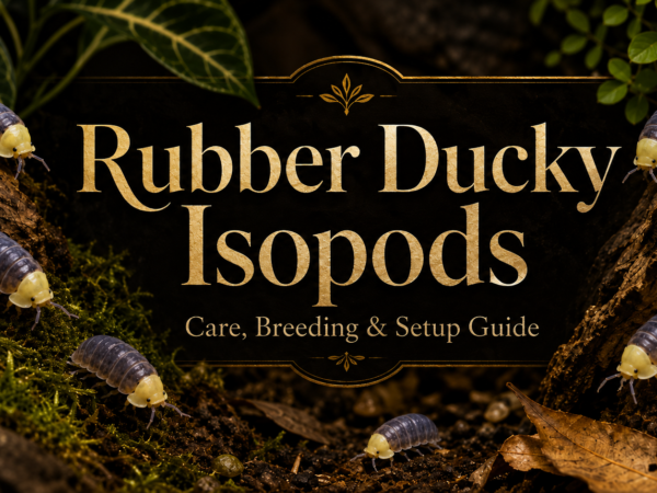 Rubber Ducky Isopods care, breeding & setup guide banner with isopods on moss and bark in terrarium