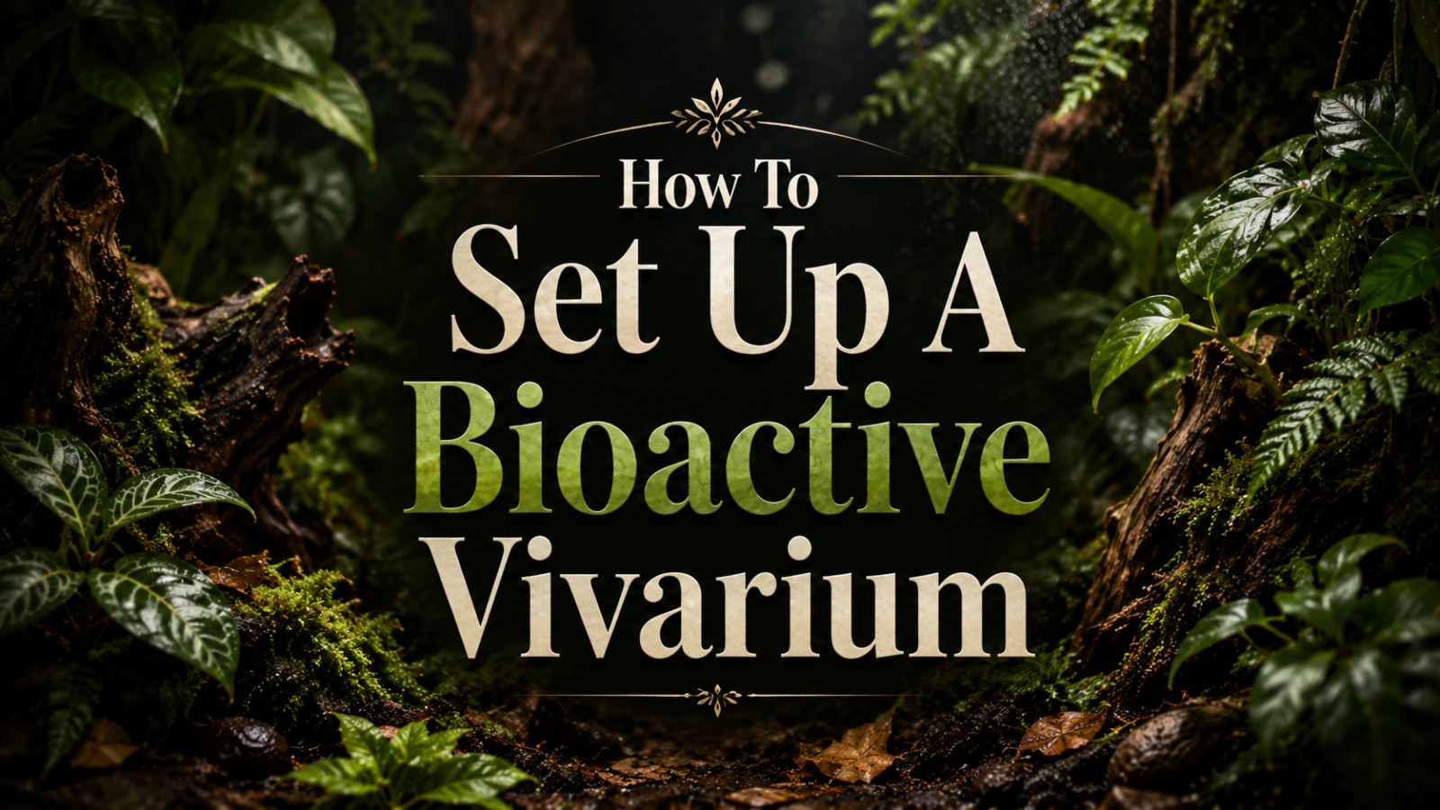 Bioactive vivarium setup guide banner with lush green plants, moss, and driftwood in a tropical terrarium
