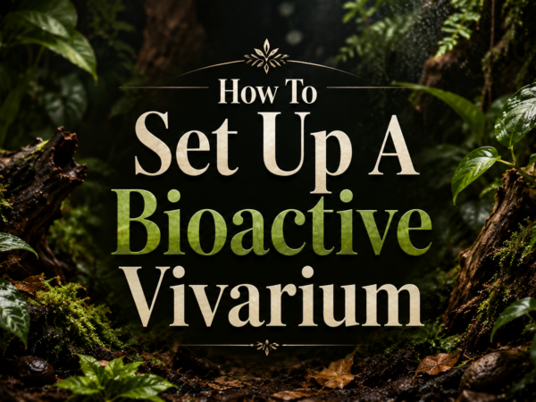 Bioactive vivarium setup guide banner with lush green plants, moss, and driftwood in a tropical terrarium