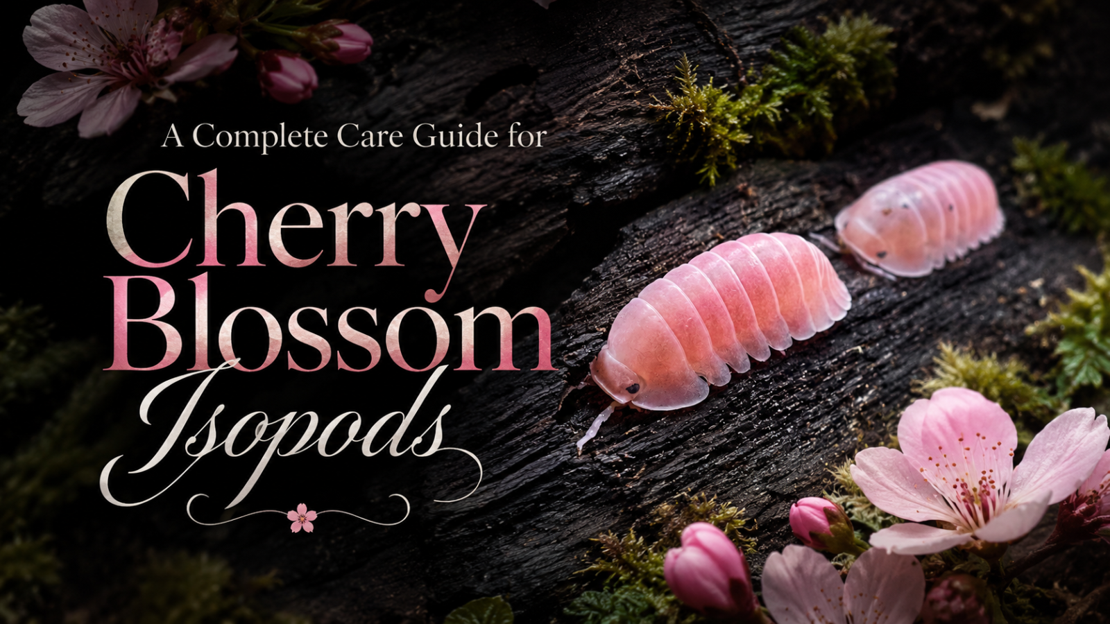 Pink Cherry Blossom isopods on dark wood with moss and cherry blossoms, beside a care guide title banner.