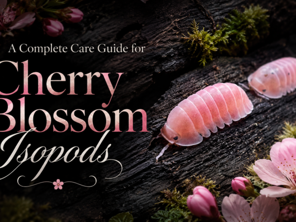 Pink Cherry Blossom isopods on dark wood with moss and cherry blossoms, beside a care guide title banner.