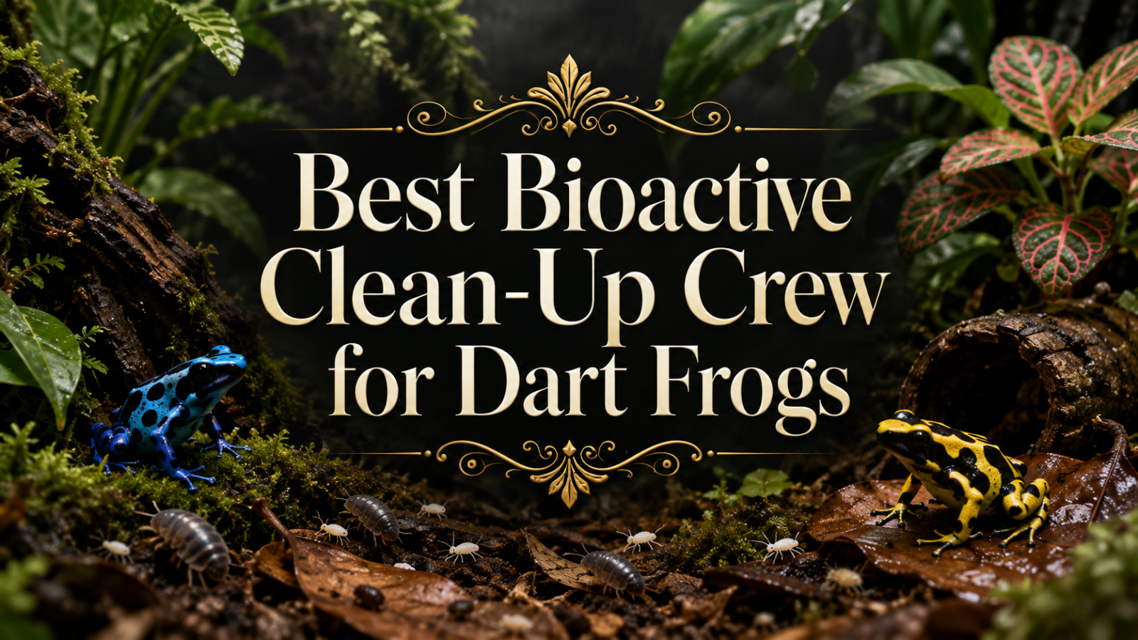 Blue and yellow dart frogs with isopods and springtails in bioactive terrarium, titled Best Bioactive Clean-Up Crew