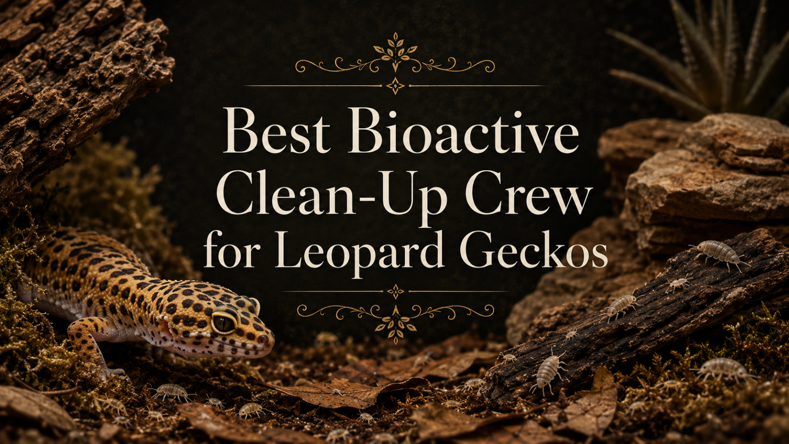 Leopard gecko in bioactive terrarium with isopods on leaf litter, titled Best Bioactive Clean-Up Crew for Leopard Geckos