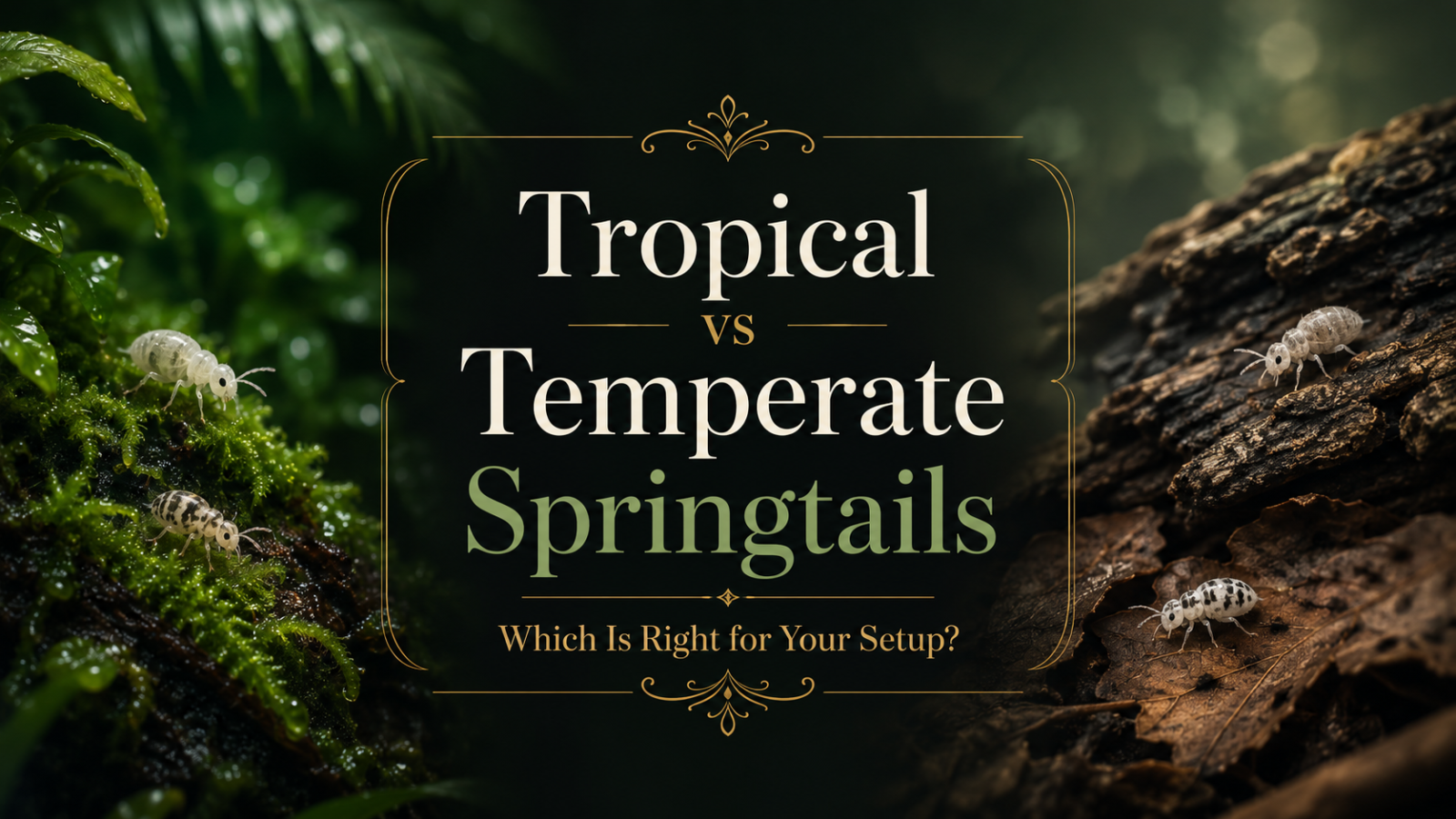 Tropical vs Temperate Springtails comparison guide with springtails on moss and bark for bioactive terrarium setups
