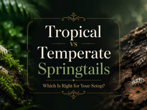 Tropical vs Temperate Springtails comparison guide with springtails on moss and bark for bioactive terrarium setups