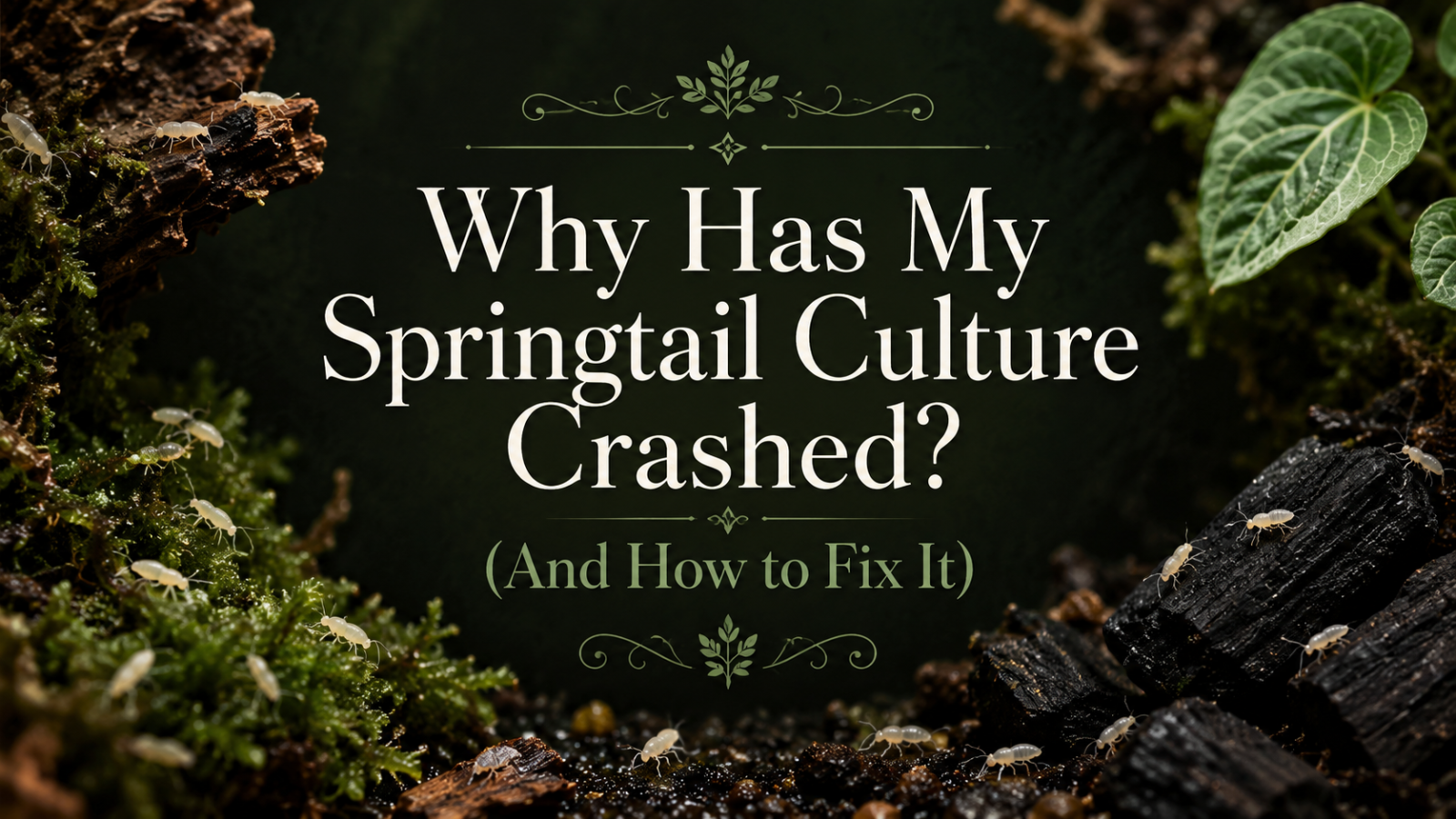 Blog header Why Has My Springtail Culture Crashed? (And How to Fix It) with springtails on moss and charcoal.