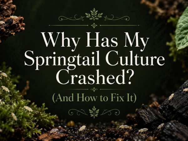 Blog header Why Has My Springtail Culture Crashed? (And How to Fix It) with springtails on moss and charcoal.