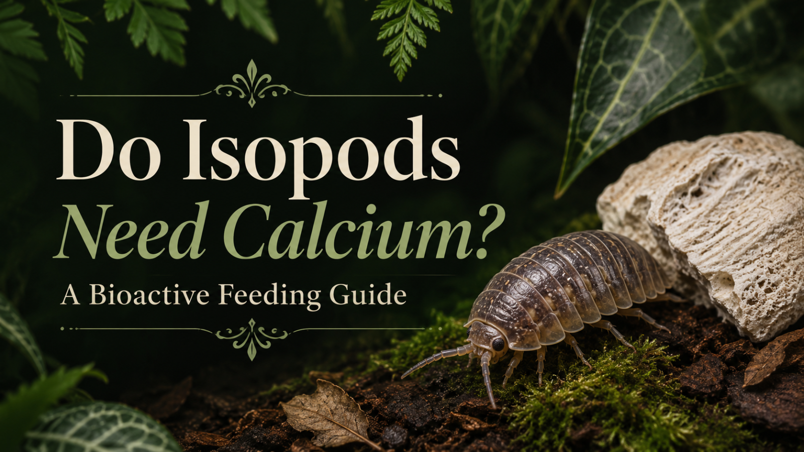 Isopod on moss beside cuttlebone in bioactive terrarium, titled Do Isopods Need Calcium? A Bioactive Feeding Guide