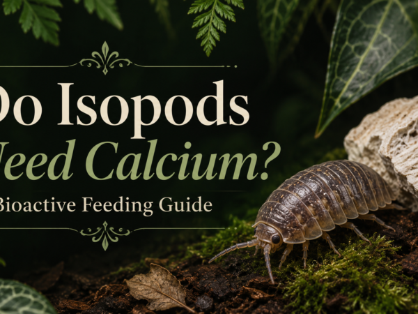 Isopod on moss beside cuttlebone in bioactive terrarium, titled Do Isopods Need Calcium? A Bioactive Feeding Guide