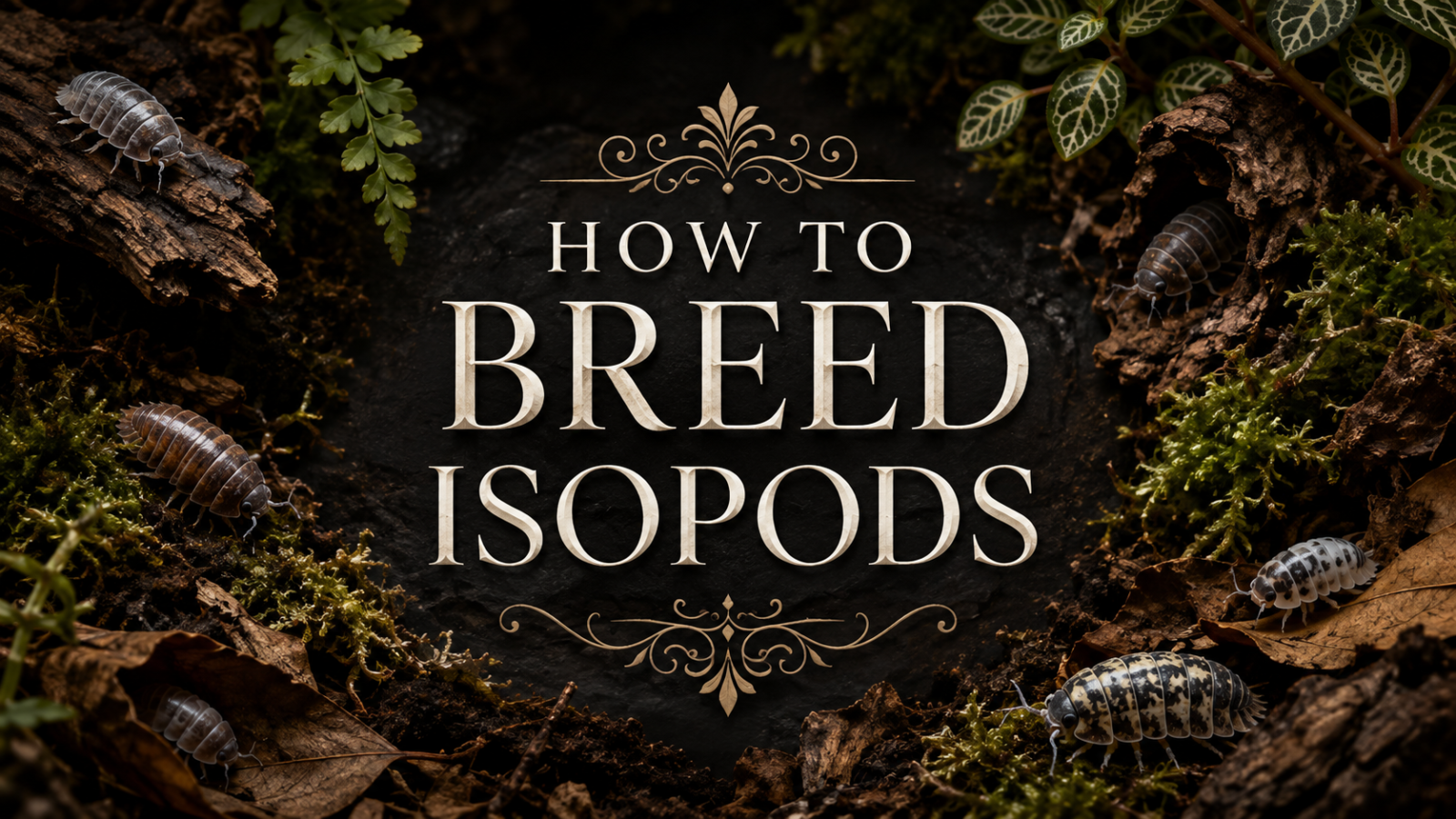 How to Breed Isopods title over dark soil with moss, bark, ferns, and several isopods in a natural terrarium setup