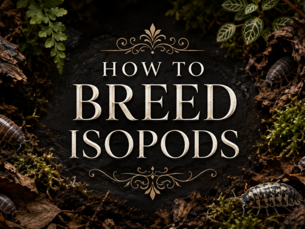 How to Breed Isopods title over dark soil with moss, bark, ferns, and several isopods in a natural terrarium setup
