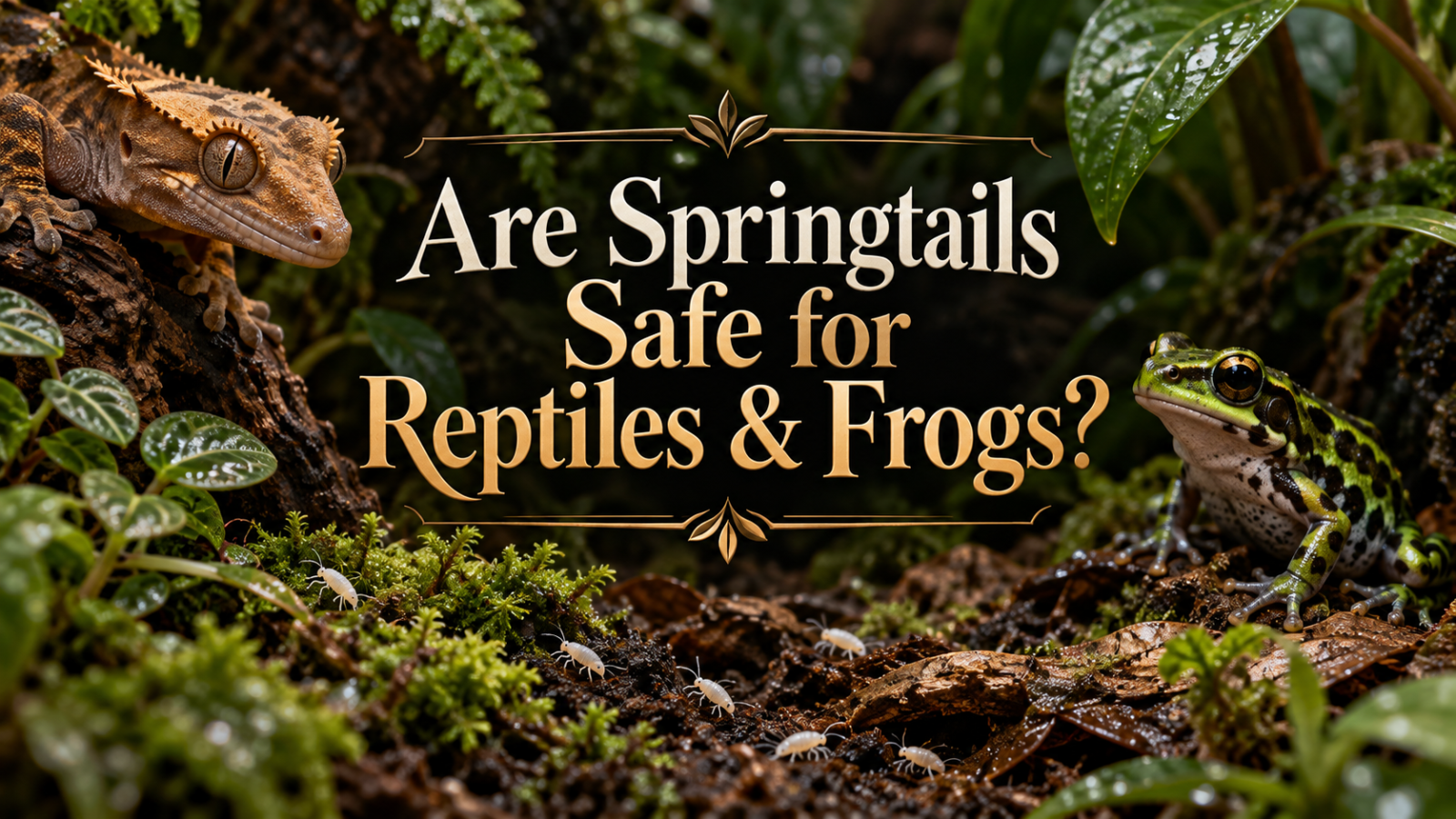 Crested gecko and green frog in bioactive terrarium with springtails, titled Are Springtails Safe for Reptiles & Frogs?