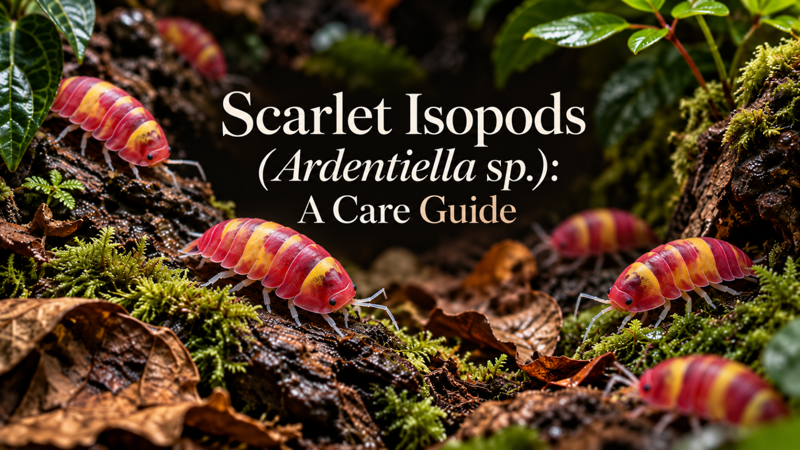 Scarlet Isopods (Ardentiella sp.) care guide banner showing red-yellow isopods on mossy bark and forest floor.