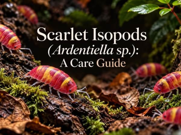 Scarlet Isopods (Ardentiella sp.) care guide banner showing red-yellow isopods on mossy bark and forest floor.