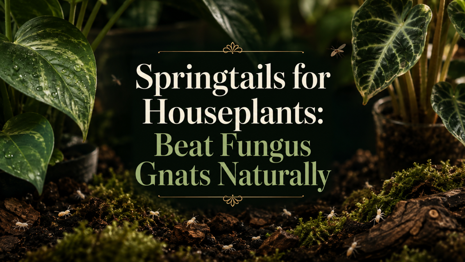Springtails and fungus gnats on houseplant soil with moss, text reads Springtails for Houseplants: Beat Fungus Gnats