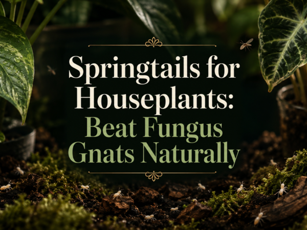 Springtails and fungus gnats on houseplant soil with moss, text reads Springtails for Houseplants: Beat Fungus Gnats