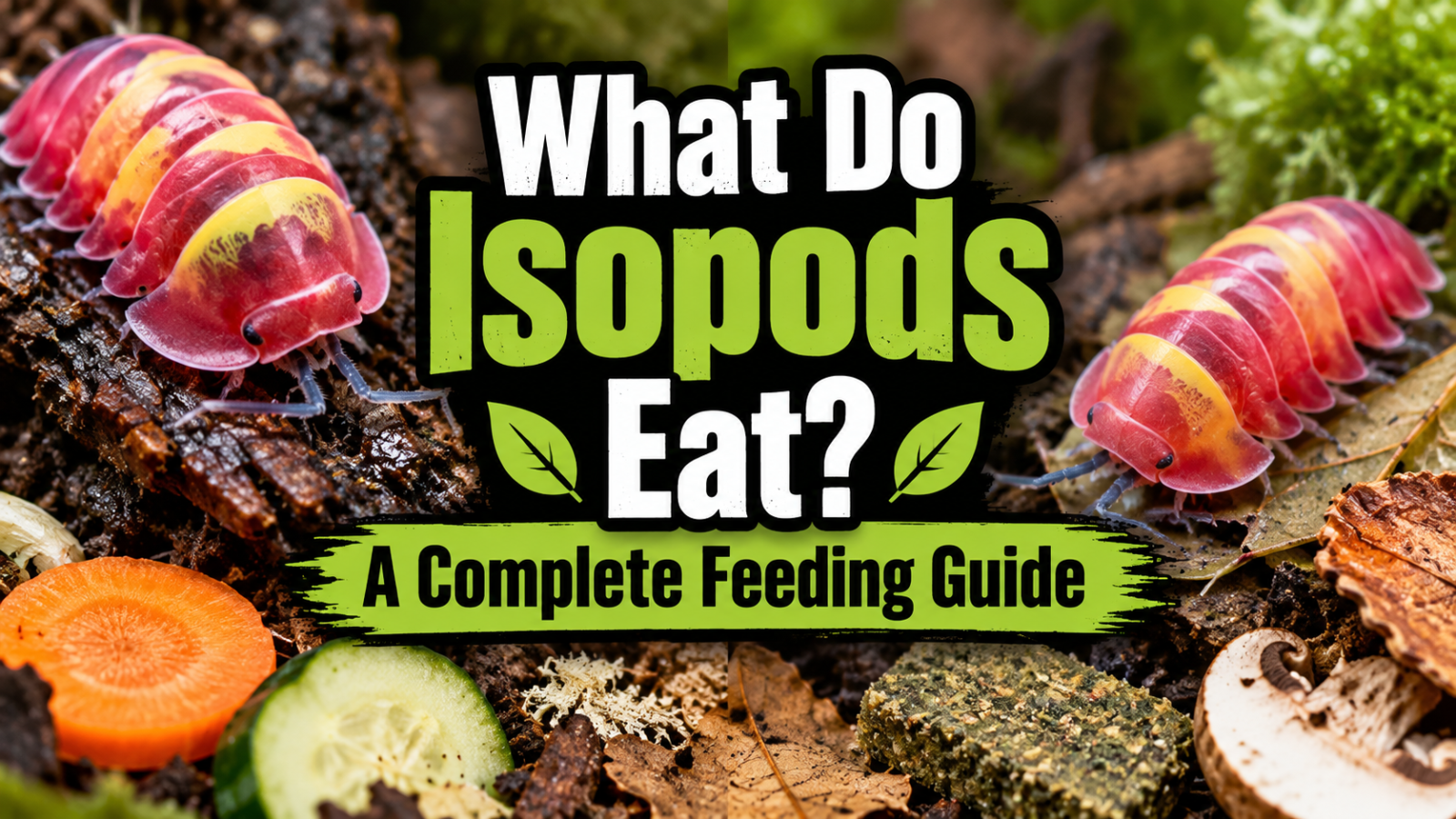 Colorful pink and yellow isopods on soil with carrots, cucumber, and mushrooms; text reads What Do Isopods Eat?