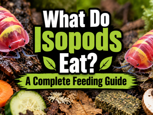 Colorful pink and yellow isopods on soil with carrots, cucumber, and mushrooms; text reads What Do Isopods Eat?
