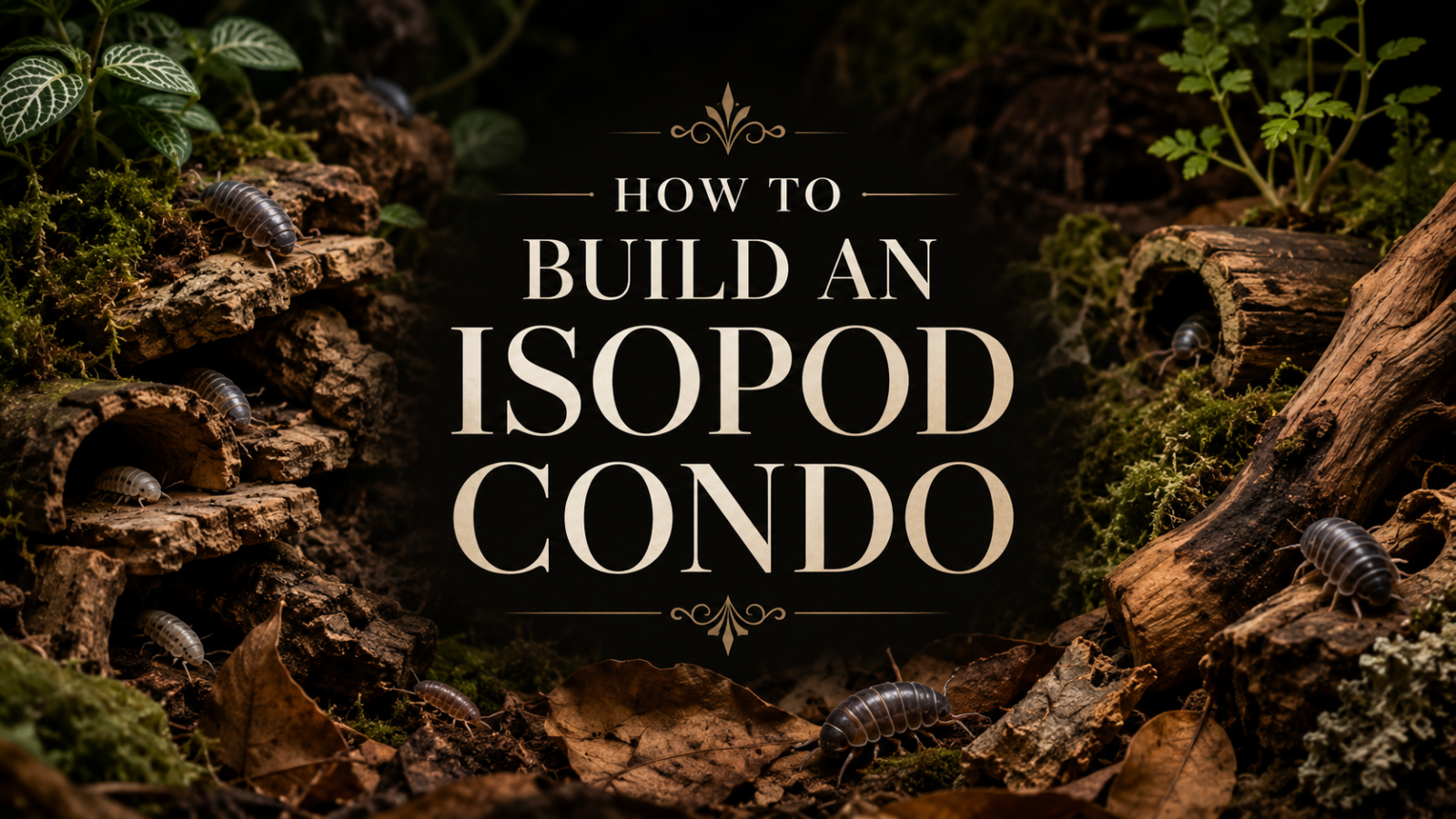 How to Build an Isopod Condo guide with pill bugs on cork bark, moss, and leaf litter in a bioactive terrarium setup.