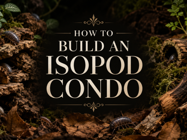 How to Build an Isopod Condo guide with pill bugs on cork bark, moss, and leaf litter in a bioactive terrarium setup.